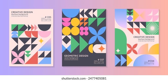 Abstract bauhaus geometric pattern backgrounds with copy space for text.Trendy minimalist geometric designs with bold simple shapes and elements.Modern artistic vector illustrations.