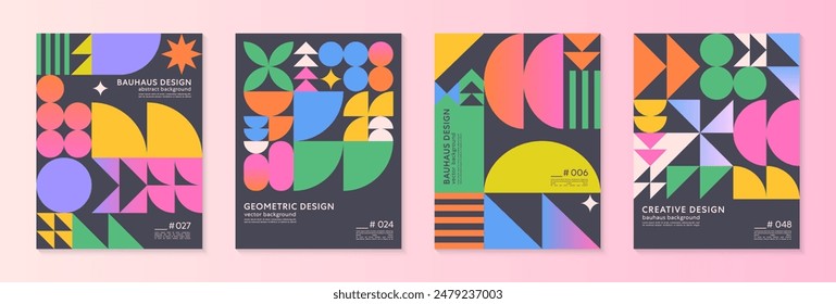 Abstract bauhaus geometric pattern backgrounds with copy space for text.Trendy minimalist geometric designs with bold simple shapes and elements.Modern artistic vector illustrations.