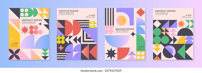 Abstract bauhaus geometric pattern backgrounds with copy space for text.Trendy minimalist geometric designs with bold simple shapes and elements.Modern artistic vector illustrations.