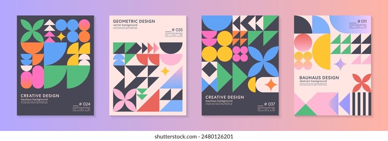 Abstract bauhaus geometric pattern backgrounds with copy space for text.Trendy minimalist geometric designs with bold simple shapes and elements.Modern artistic vector illustrations.