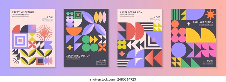 Abstract bauhaus geometric pattern backgrounds with copy space for text.Trendy minimalist geometric designs with bold simple shapes and elements.Modern artistic vector illustrations.