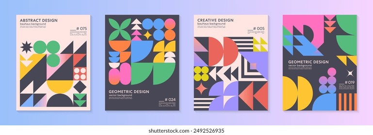 Abstract bauhaus geometric pattern backgrounds with copy space for text.Trendy minimalist geometric designs with bold simple shapes and elements.Modern artistic vector illustrations.
