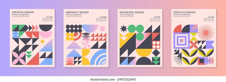 Abstract bauhaus geometric pattern backgrounds with copy space for text.Trendy minimalist geometric designs with bold simple shapes and elements.Modern artistic vector illustrations.