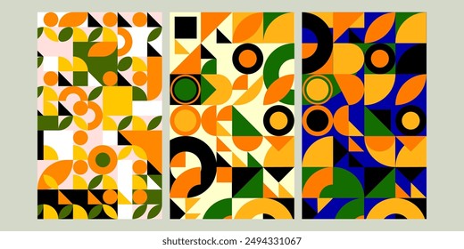 Abstraktes Bauhaus geometrisches Muster bunte Vektorgrafik Hintergrund Set. Kreis, Dreieck, quadratische Linien Kunst Schweizer Plakat, Broschüre, Banner Design.
