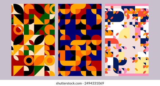 Abstract Bauhaus geometric pattern colorful vector background set. Circle, triangle, square lines art  swiss poster, brochure, banner design.