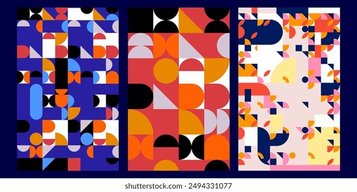 Abstract Bauhaus geometric pattern colorful vector background set. Circle, triangle, square lines art  swiss poster, brochure, banner design.