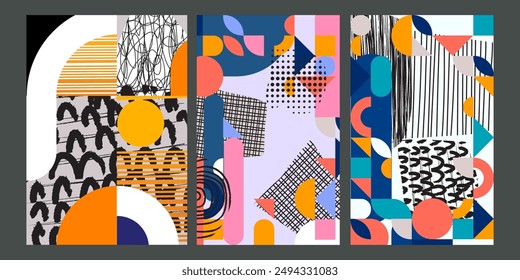 Abstract Bauhaus geometric pattern colorful vector background set. Circle, triangle, square lines art  swiss poster, brochure, banner design.