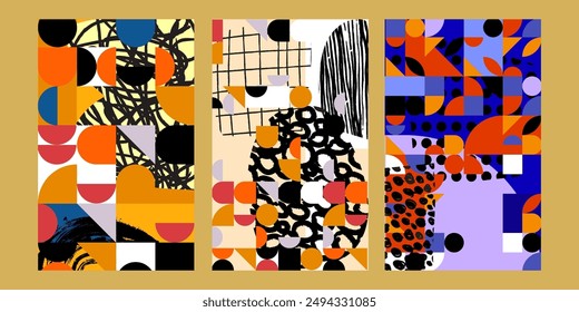 Abstraktes Bauhaus geometrisches Muster bunte Vektorgrafik Hintergrund Set. Kreis, Dreieck, quadratische Linien Kunst Schweizer Plakat, Broschüre, Banner Design.
