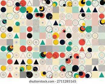 Abstraktes geometrisches Bauhaus-Muster mit bunten Kreisen, Dreiecken und schraffierten quadratischen Texturen in Retro-Gitter-Layout.