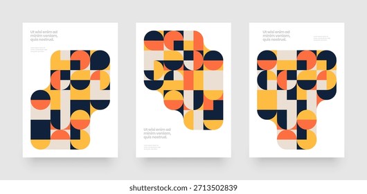 Padrão geométrico de bauhaus abstrato com espaço de cópia para texto. Plano de fundo que combina formas geométricas de círculo e quadrado. Layout para folheto, cartaz ou capa.