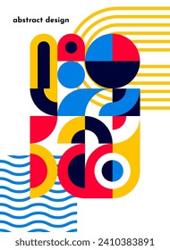 Abstraktes Bauhaus geometrisches Musterplakat. Moderner Vektorhintergrund, Covervorlage mit minimaler Retro-Geometrie, Formen, Linien in lebendiger Farbe für Ausstellungskunst, Zeitschriften, Zeitschriften, Albumdesigns