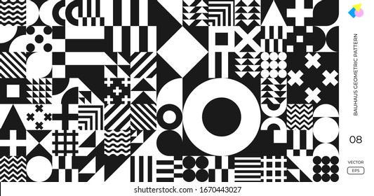 Abstract Bauhaus geometric pattern, vector background. Black and white Memphis or Bauhaus Swiss pattern background