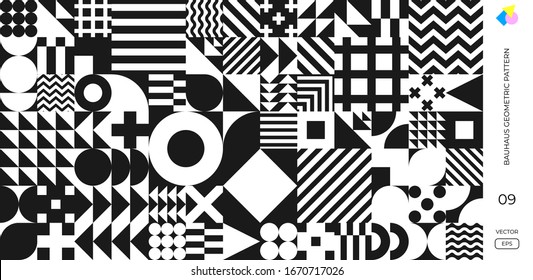 Abstract Bauhaus geometric pattern, vector circle, triangle and square lines background. Black and white Memphis or Bauhaus Swiss pattern background