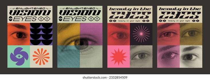 Abstract Bauhaus Geometric Pattern Vector Design. Cool Swiss Design Background. Y2K Geometrical Posters. Halftone Eye. Contemporary Artwork.