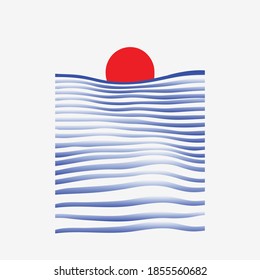 Abstract Bauhaus geometric sunset and sea waves pattern background, vector red, blue color art design.
