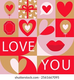  Abstract Bauhaus geometry trendy Concept of Happy Valentines Day and Love card.   Modern style template for posters, cover, celebration, decoration, branding and banner