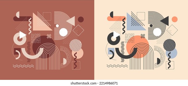 Abstract Bauhaus or Memphis geometric shapes and composition. Retro elements, geometric pattern for banner, poster, leaflet. Design background vector geometric - Shutterstock ID 2214986071