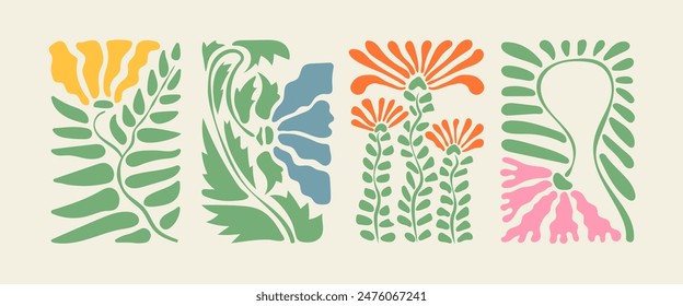 Abstract bauhaus natural flower posters, groovy geometric floral shapes, contemporary nature decorative template, hand draw postcards