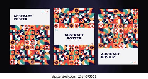 Abstract bauhaus neo geometric pattern poster background set vector illustration.Modern minimalist A4 A3 poster set collection. Perfect for banner, background, pattern, etc.