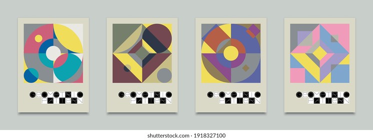 Abstract Bauhaus pattern background with round, rectangular and triangular shapes. Basic geometric elements in retro multicolor mosaic. Vector posters set with Bauhaus or Swiss patterns
