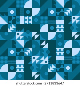 Abstractas patrón Bauhaus. Fondo de tono azul geométrico. Patrón sin fisuras. Formas triangulares, cuadradas y rectangulares. Texturas de Vector.