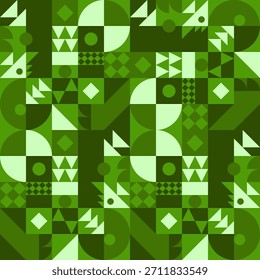 Abstractas patrón Bauhaus. Fondo de tono verde geométrico. Patrón sin fisuras. Formas triangulares, cuadradas y rectangulares. Texturas de Vector.