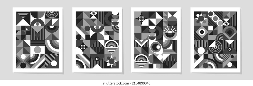 Abstract bauhaus poster set minimal 20s geometric style with geometry figures and shapes circle, triangle. square. Human psychology and mental health concept illustration. Vector 10 eps