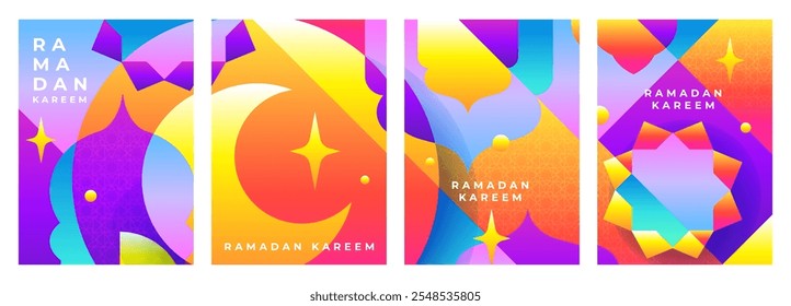 Abstract bauhaus ramadan pattern card collection set, vector background  illustration, crescent moon, star, mosque gate, arabic ornament.