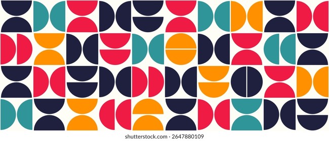 Abstract bauhaus seamless pattern. Half circle shapes background. Monochrome geometric simple art design. Color texture in bauhaus style. Vintage mosaic seamless pattern. Vector illustration.