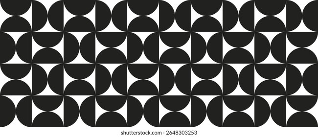 Abstract bauhaus seamless pattern. Half circle shapes background. Monochrome geometric simple art design. Black texture in bauhaus style. Vintage mosaic seamless pattern. Vector illustration.