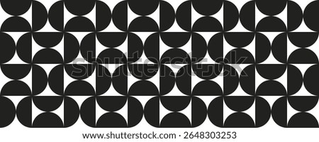 Abstract bauhaus seamless pattern. Half circle shapes background. Monochrome geometric simple art design. Black texture in bauhaus style. Vintage mosaic seamless pattern. Vector illustration.