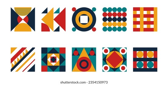 Abstract Bauhaus Shapes and Modern Minimal Style Figures Vector Illustration Set. Graphic Style Square Design Elements