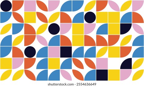 Abstract Bauhaus style background. Geometry elements with white backdrop. Vector illustration. Design for background, wallpaper, banner, pattern template.  