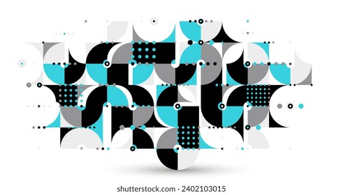 Abstract Bauhaus style trendy vector background, modular geometric tiles composition isolated, dotted mosaic with circles and triangles wallpaper.
