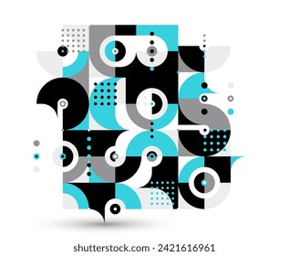 Abstract Bauhaus style trendy vector background, modular geometric tiles composition isolated, dotted mosaic with circles and triangles wallpaper.