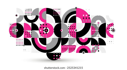 Abstract Bauhaus style trendy vector background, modular geometric tiles composition isolated, dotted mosaic with circles and triangles wallpaper.