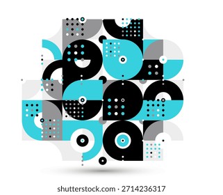 Abstrato estilo Bauhaus moderno vetor fundo, modular geométrica azulejos composição isolado, pontilhado mosaico com círculos e triângulos papel de parede.