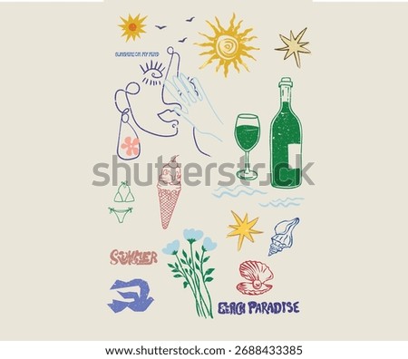 Abstract beach art design. Drink, glass, sun, ice cream, flower, olive, bird, seashell, oyster, girl face and bikini artwork for t shirt print, poster, sticker and other uses.