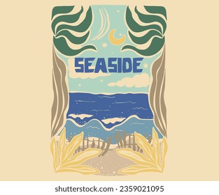 Abstract beach digital painting for t shirt, poster, sticker and others. Tropical paradise vector design.