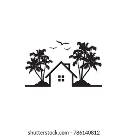 Abstract Beach house and palm tree. Styled bungalows and palm trees