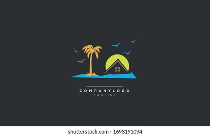 An abstract beach house with palm trees