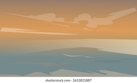 Abstrato praia paisagem vetor ilustração com mar calmo, costa arenosa, e pássaros voadores no pôr do sol. Moderna arte mínima da paisagem do mar, perfeita para arte de parede, impressões, fundos, projetos digitais.