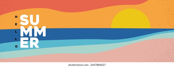 Abstract beach scene with layered waves, sunset, and bold hello summer text. Perfect for summer headers, banner backgrounds, seasonal promos, or modern beach-themed designs.