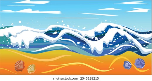 Abstract beach scene with ocean waves and sand, ideal for backgrounds, web design, summer-themed graphics, and print materials, featuring vibrant colors and smooth, layered wave patterns.
