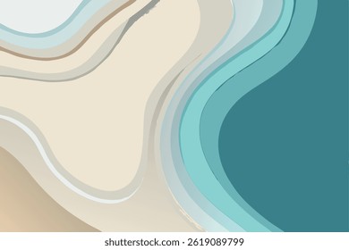 Abstract beach and sea scene in paper cut style. Curved blue waves and seacoast, ideal for banners, posters, flyers, invitations, websites. Vector illustration format.
