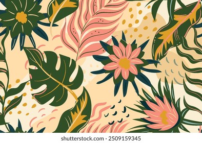 Abstract beach summer tropical big leaves illustration background seamless pattern repeat print textile fabric vector artwork