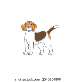 Abstractas dibujo de perro beagle. Arte continuo de una línea de mascota canina. Perro beagle divertido de pie aislado en el fondo blanco. Ilustración lineal minimalista de Vector. Símbolo de forma de contorno de raza nacional