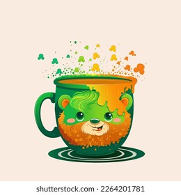 Abstract Bear Face Printed Mug Element On Pastel Peach Background. 