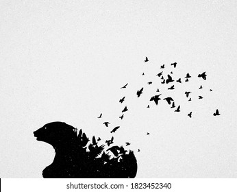 Abstract bear, flying birds. Endangered animal. Black white silhouette