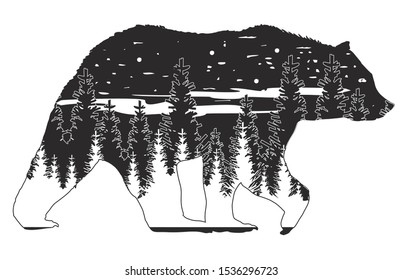 Abstract bear and forest. Silhouette of a bear. Inside a pine forest with a mountains. Vector illustration, isolated object